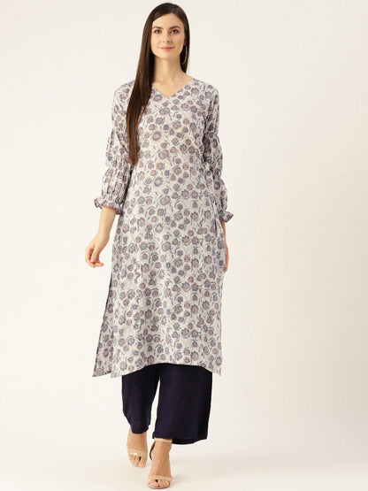 Women's Grey Calf Length Three-Quarter Sleeves A-Line Floral Printed Cotton Kurta