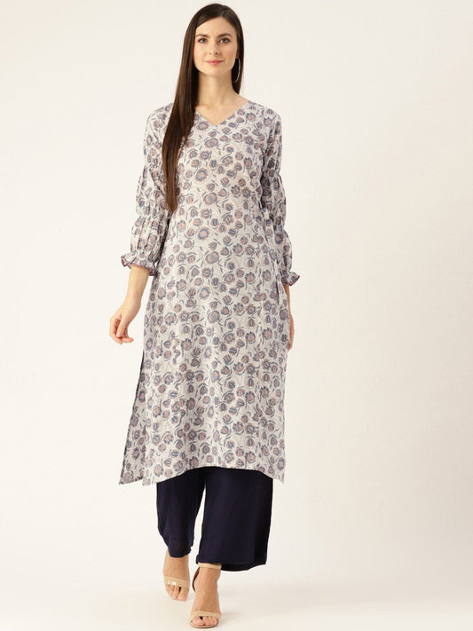 Women's Grey Calf Length Three-Quarter Sleeves A-Line Floral Printed Cotton Kurta