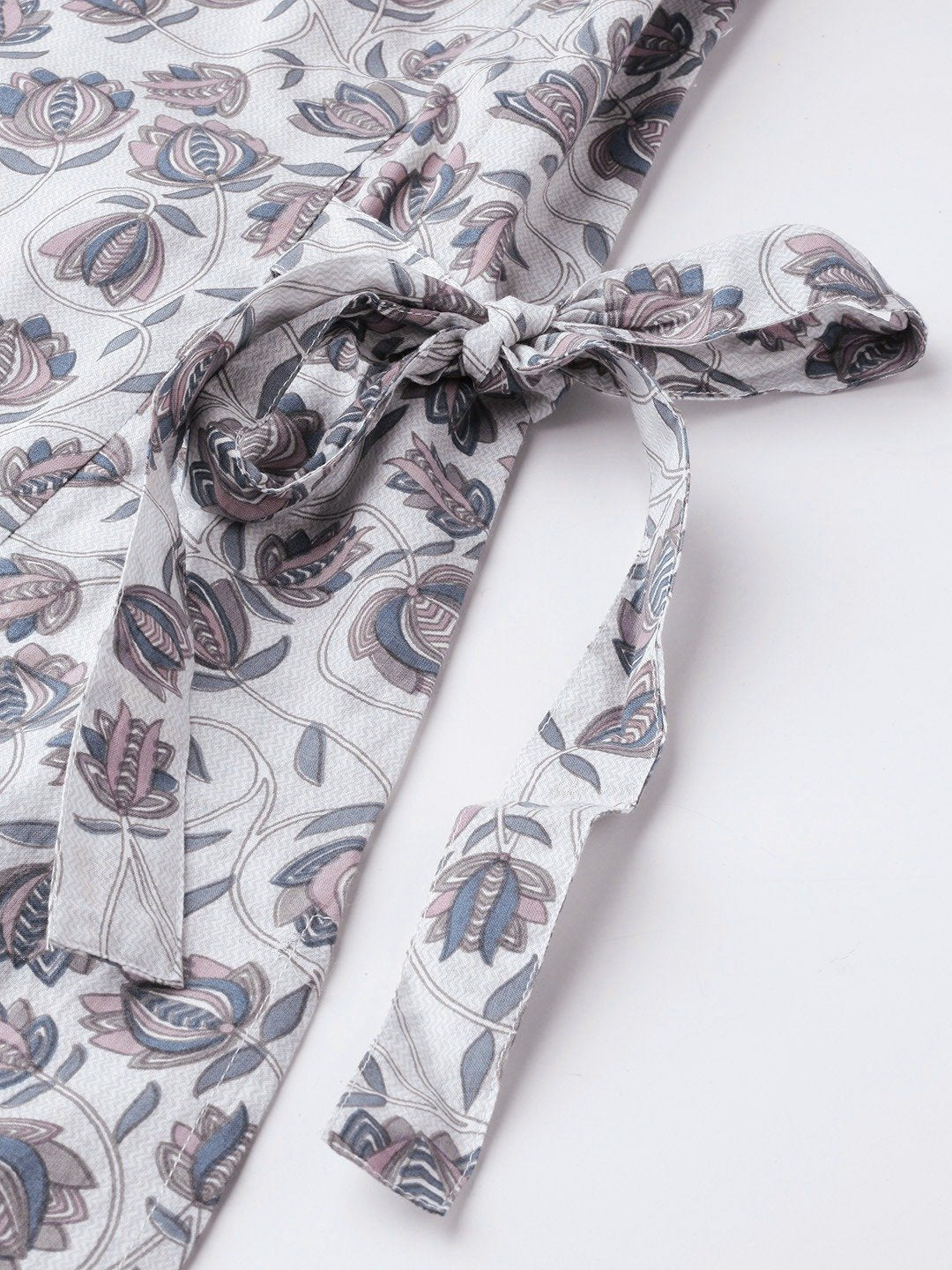 Women's Grey Calf Length Three-Quarter Sleeves A-Line Floral Printed Cotton Kurta