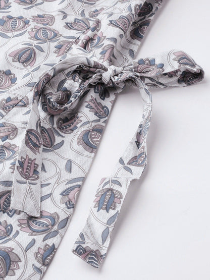 Women's Grey Calf Length Three-Quarter Sleeves A-Line Floral Printed Cotton Kurta