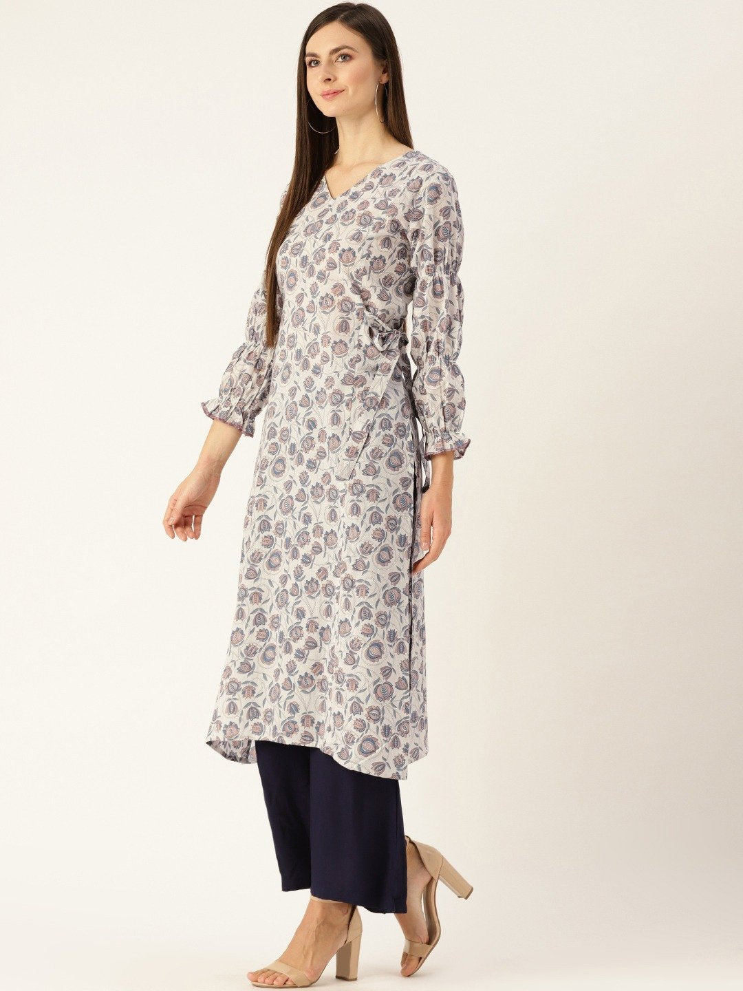 Women's Grey Calf Length Three-Quarter Sleeves A-Line Floral Printed Cotton Kurta