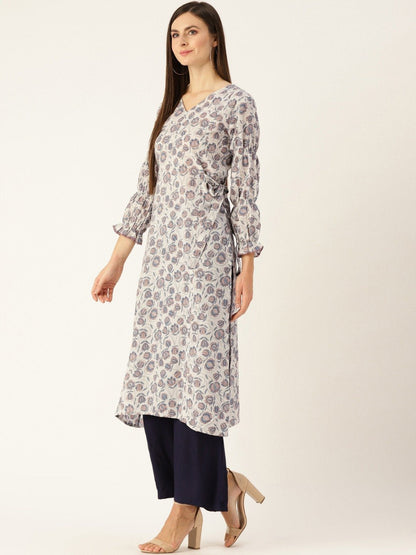 Women's Grey Calf Length Three-Quarter Sleeves A-Line Floral Printed Cotton Kurta