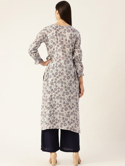 Women's Grey Calf Length Three-Quarter Sleeves A-Line Floral Printed Cotton Kurta