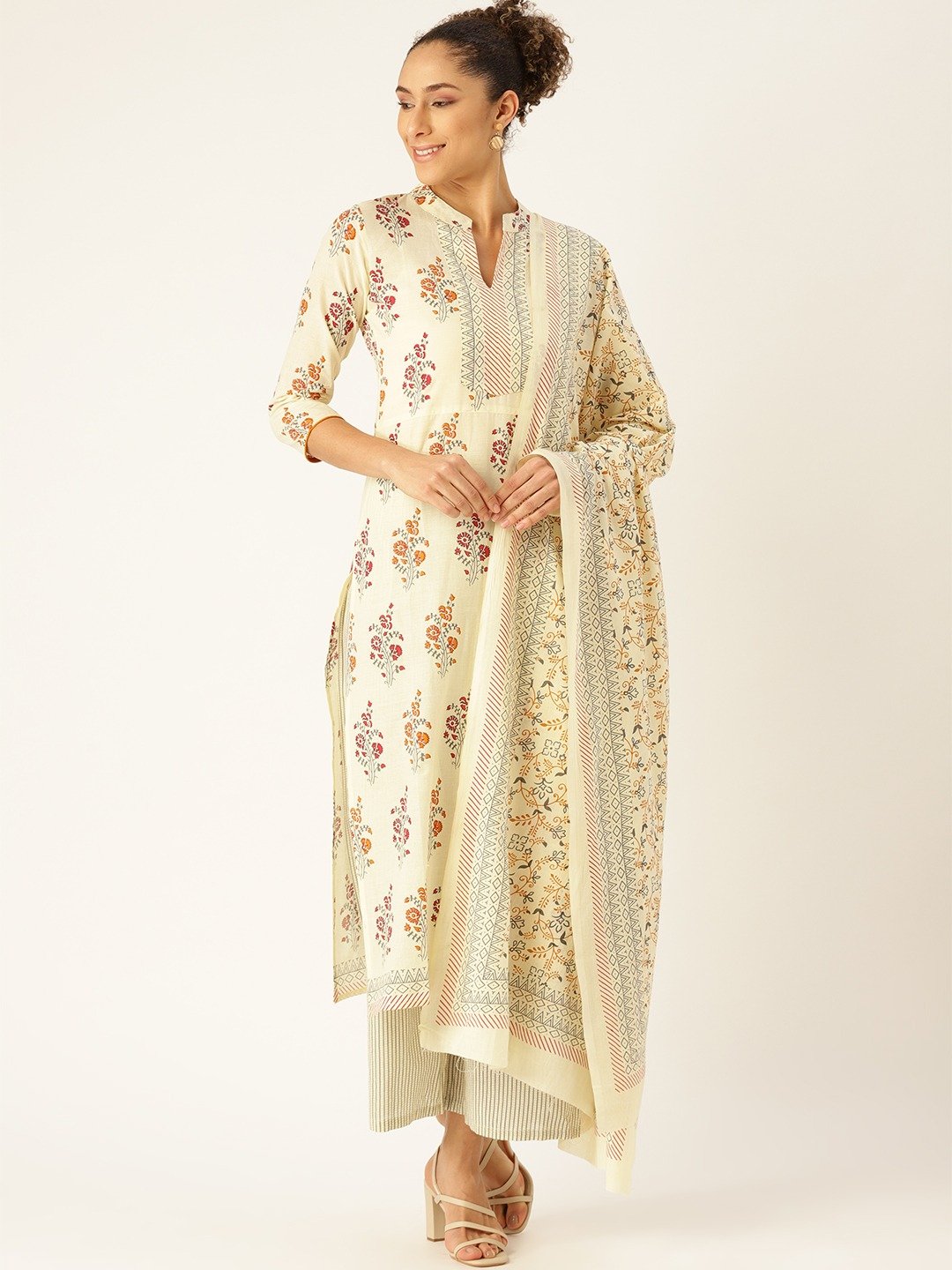 Women's Offwhite Three-Quarter Sleeves Straight Kurta Palazzo And Dupatta Set