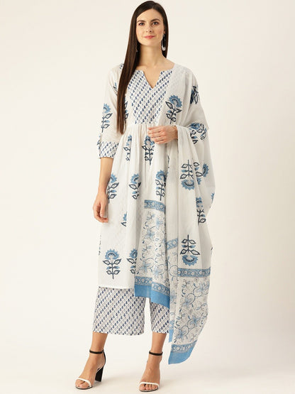 Women's White Three-Quarter Sleeves Flared Kurta Palazzo And Dupatta Set