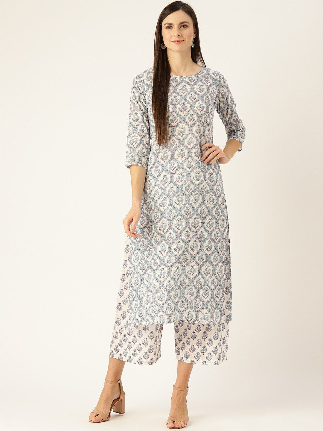 Women's Blue Three-Quarter Sleeves Straight Kurta With Palazzo Set