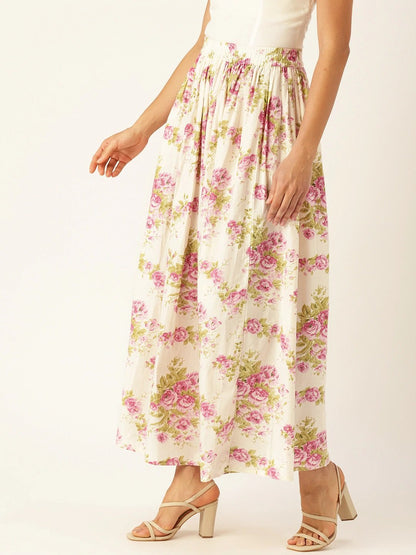 Women's Off White Floral Printed Skirt