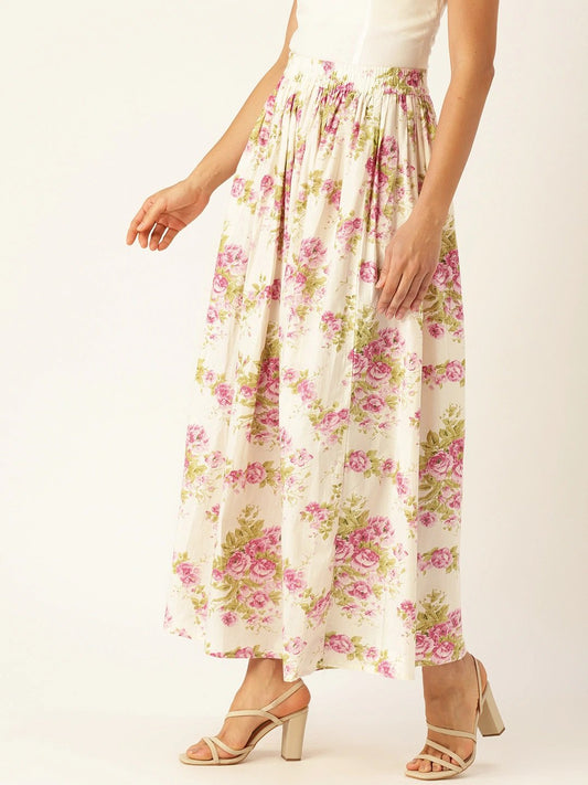 Women's Off White Floral Printed Skirt