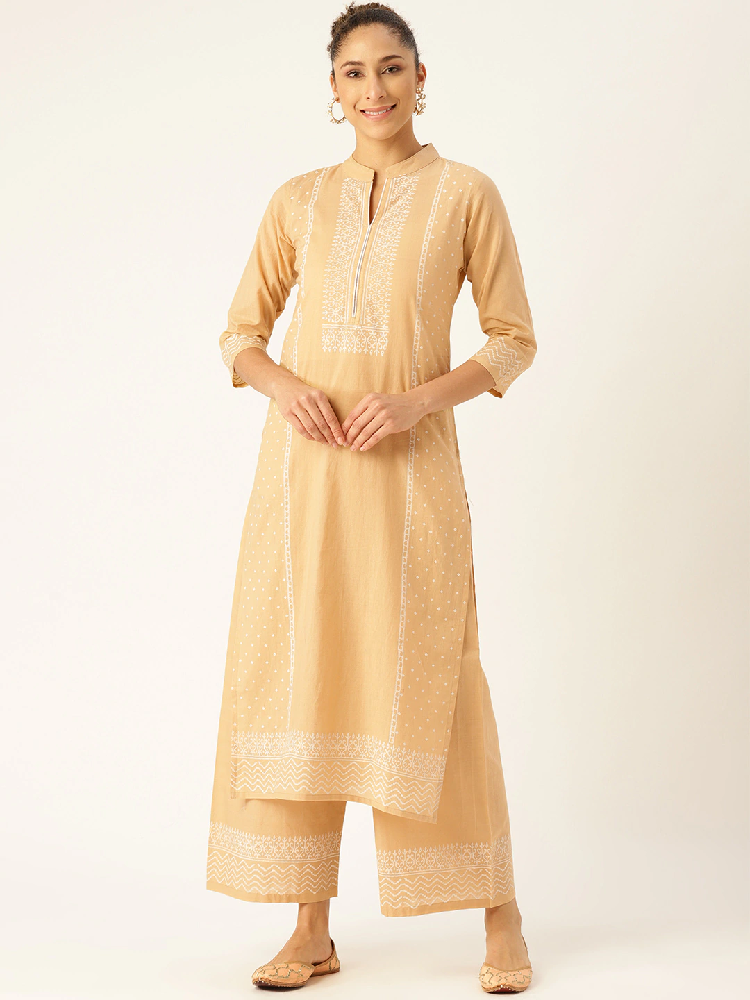 Women's Beige & White Printed Kurta With Palazzos