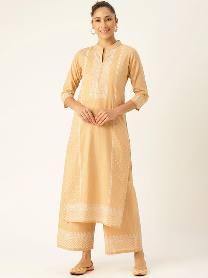 Women's Beige & White Printed Kurta With Palazzos