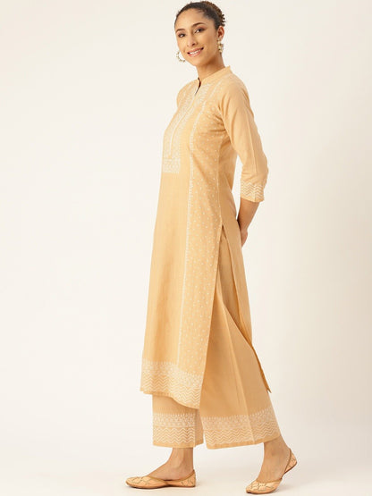 Women's Beige & White Printed Kurta With Palazzos