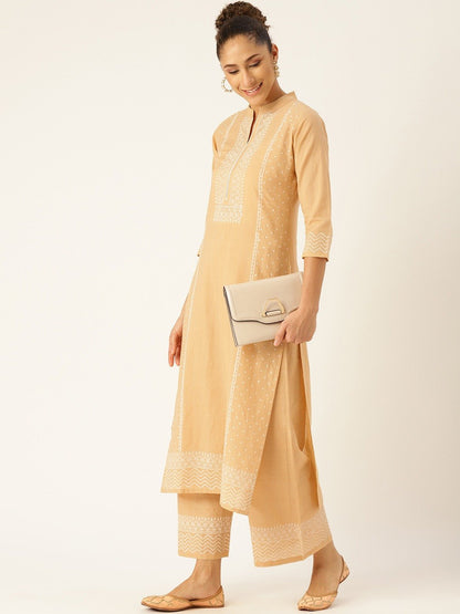 Women's Beige & White Printed Kurta With Palazzos