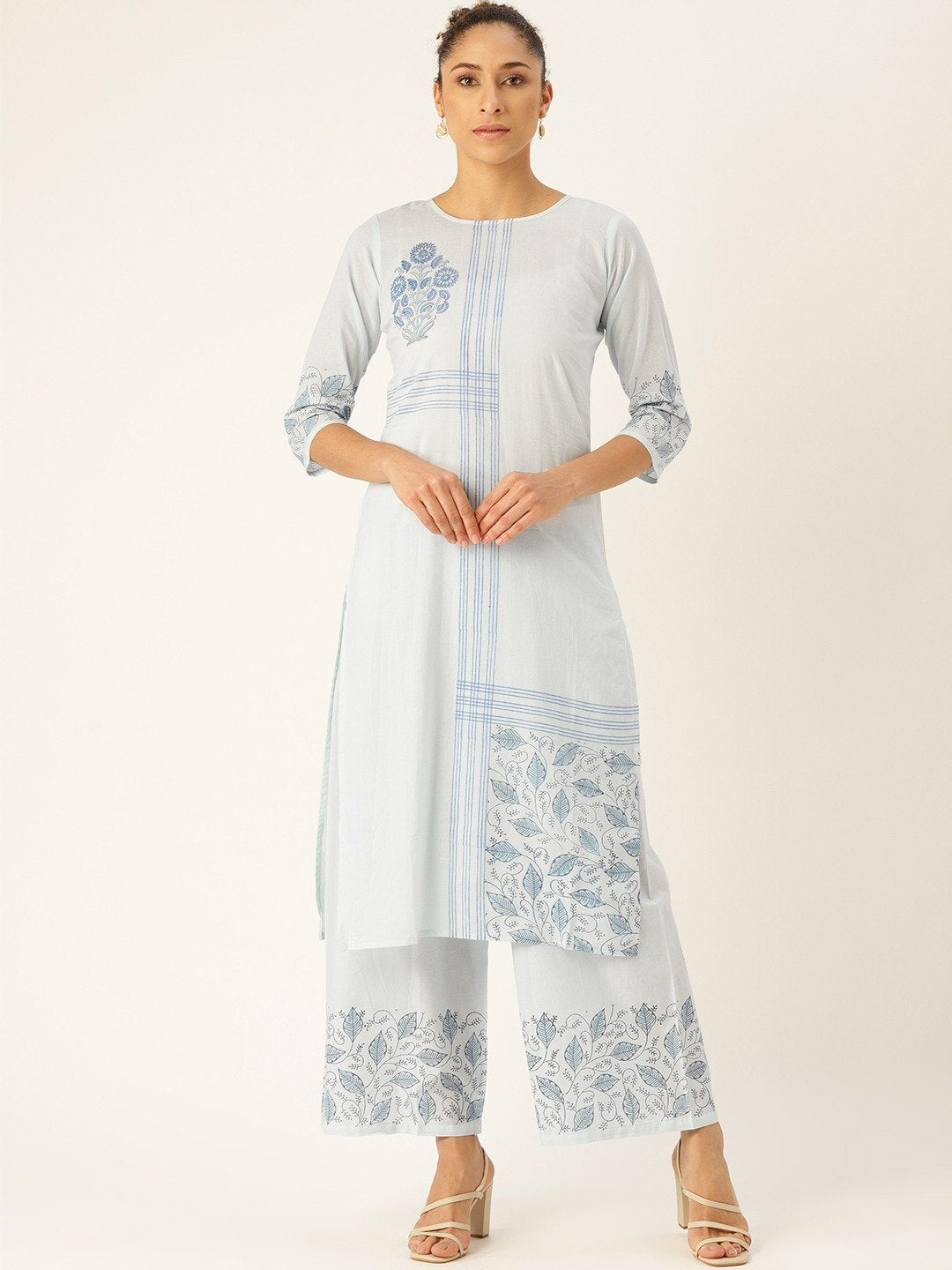 Women's Blue Three-Quarter Sleeves Straight Kurta With Palazzo Set