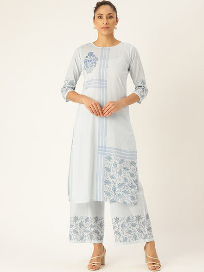 Women's Blue Three-Quarter Sleeves Straight Kurta With Palazzo Set