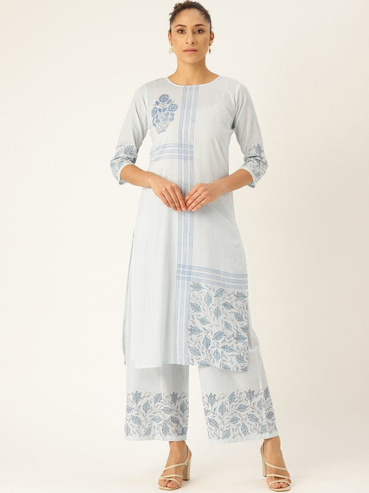 Women's Blue Three-Quarter Sleeves Straight Kurta With Palazzo Set