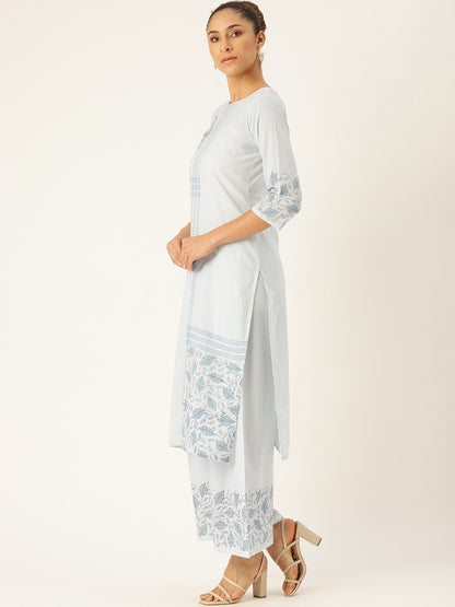 Women's Blue Three-Quarter Sleeves Straight Kurta With Palazzo Set