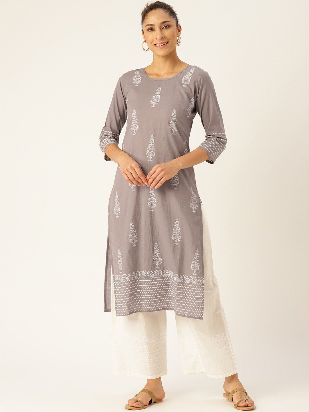 Women's Grey Three-Quarter Sleeves Straight Kurta With Palazzo Set