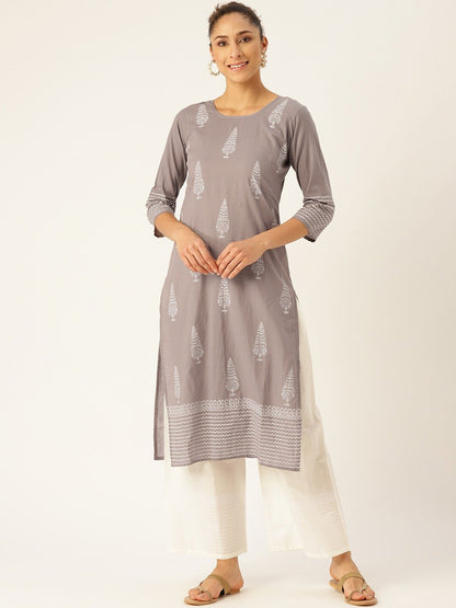 Women's Grey Three-Quarter Sleeves Straight Kurta With Palazzo Set