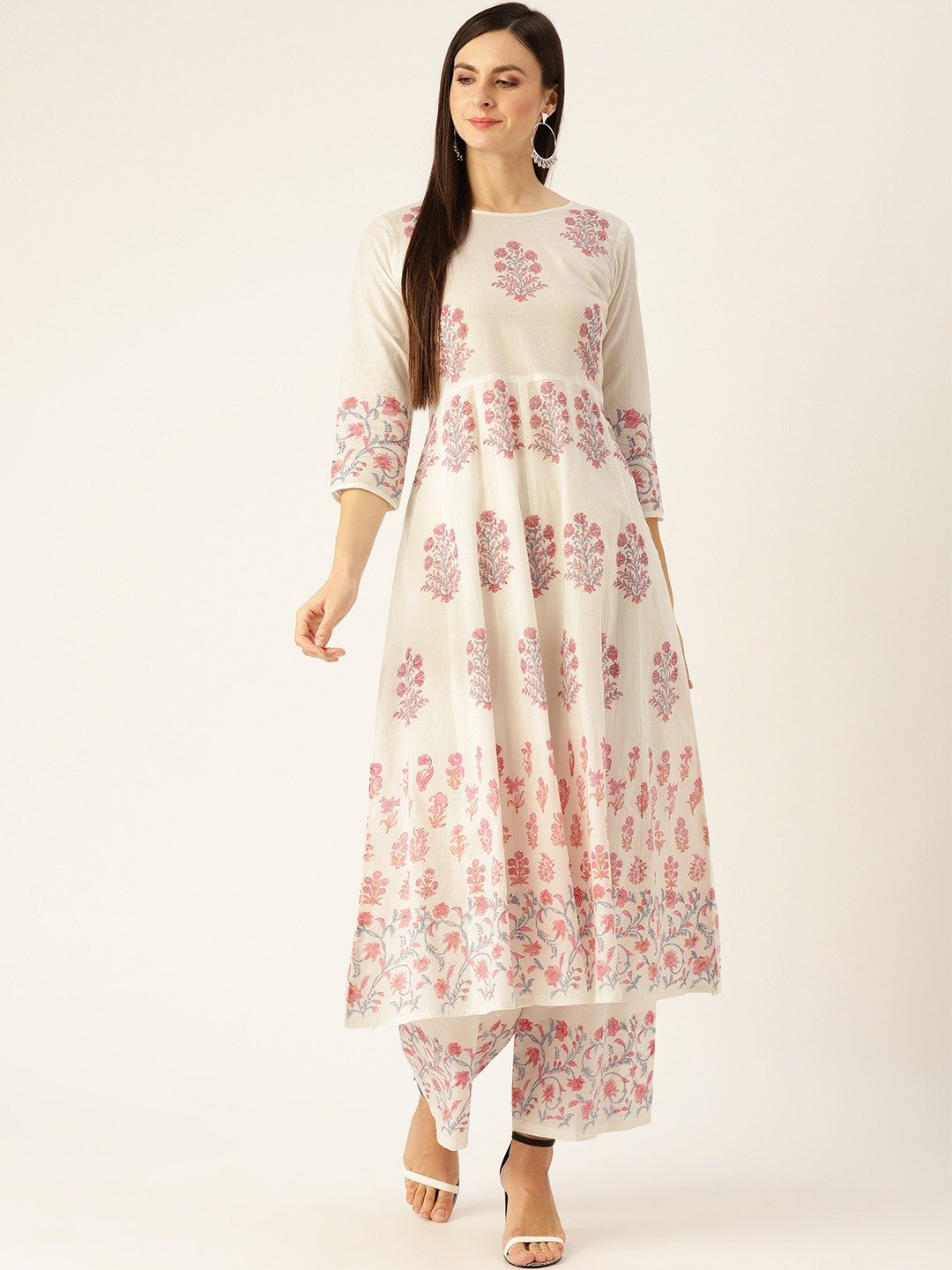 Women's White Three-Quarter Sleeves Flared Kurta With Palazzo Set