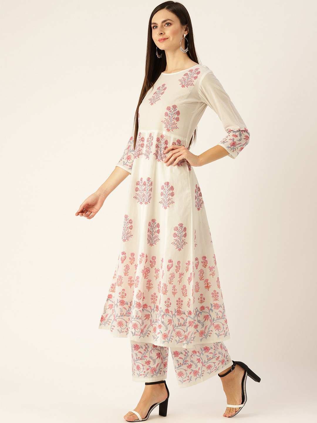 Women's White Three-Quarter Sleeves Flared Kurta With Palazzo Set