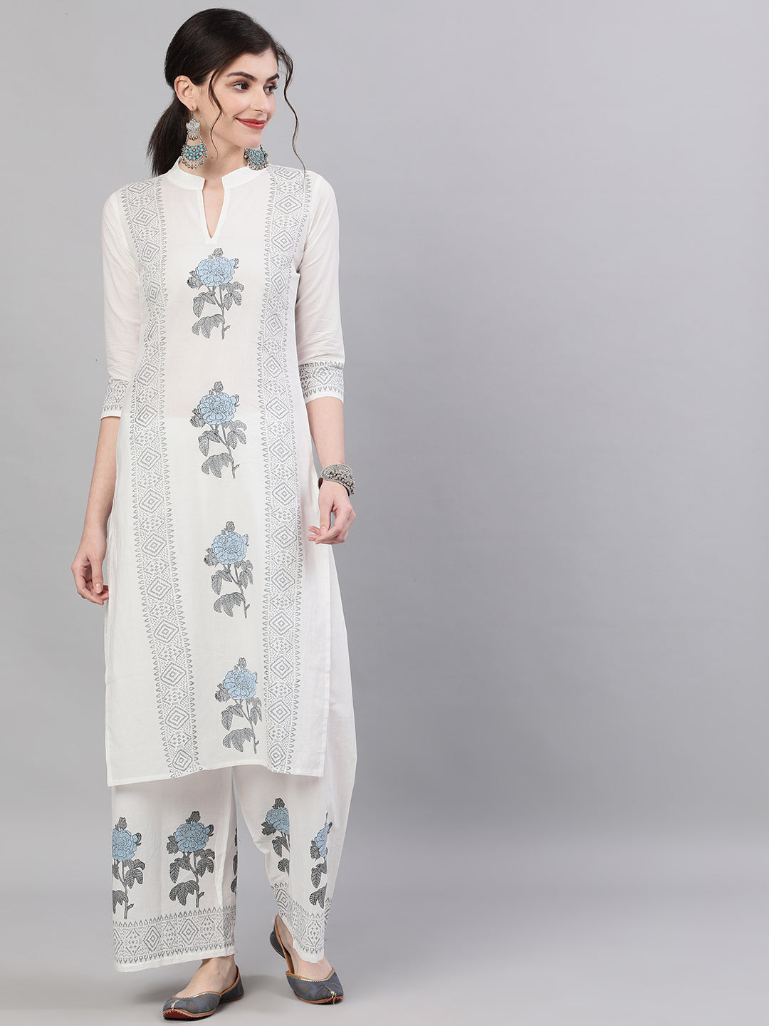 Women's White Three-Quarter Sleeves Straight Kurta With Palazzo Set