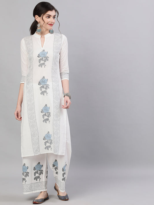 Women's White Three-Quarter Sleeves Straight Kurta With Palazzo Set