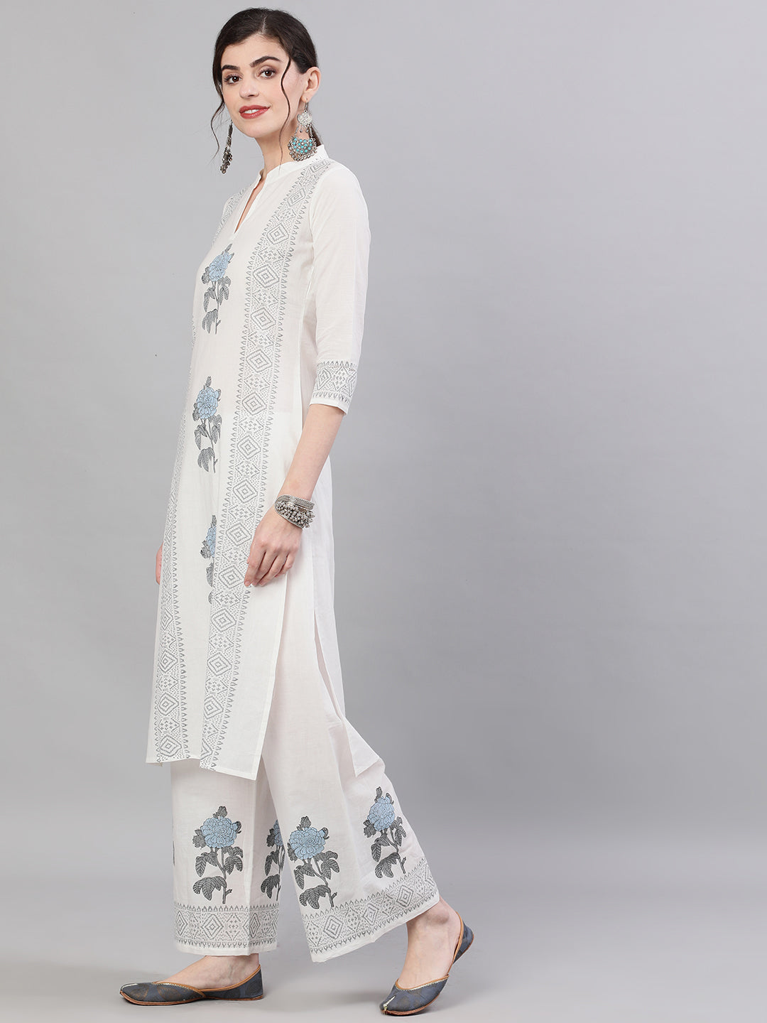 Women's White Three-Quarter Sleeves Straight Kurta With Palazzo Set