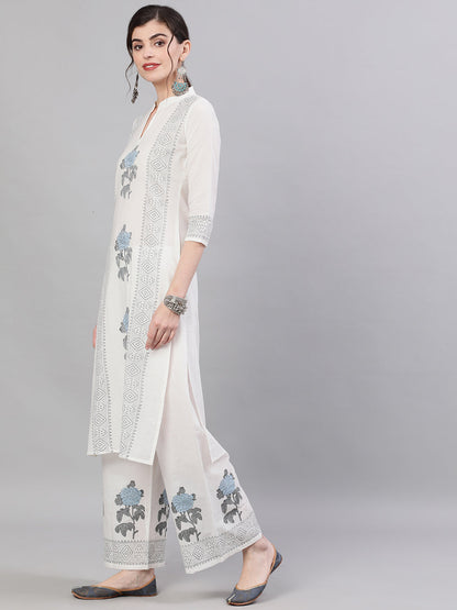 Women's White Three-Quarter Sleeves Straight Kurta With Palazzo Set