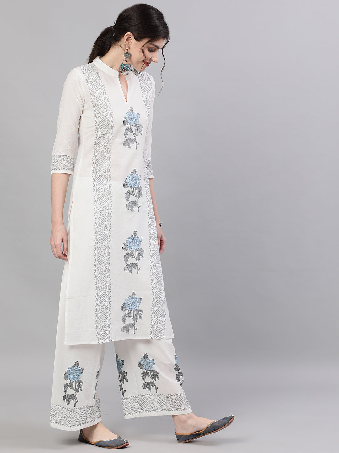Women's White Three-Quarter Sleeves Straight Kurta With Palazzo Set
