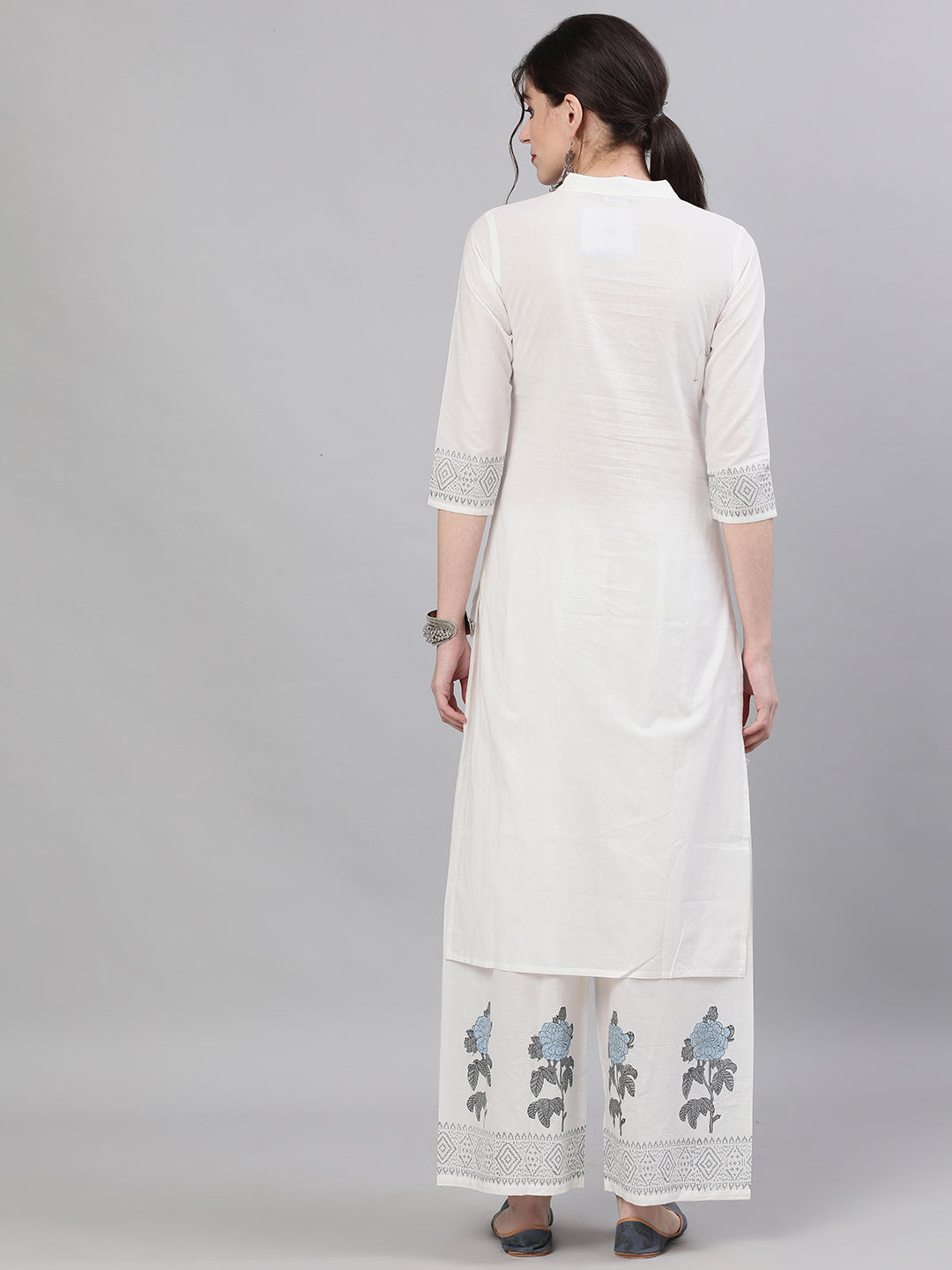 Women's White Three-Quarter Sleeves Straight Kurta With Palazzo Set
