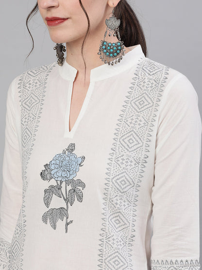 Women's White Three-Quarter Sleeves Straight Kurta With Palazzo Set