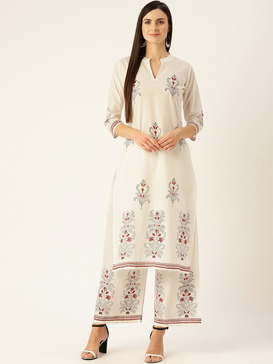 Women's White Three-Quarter Sleeves Straight Kurta With Palazzo Set