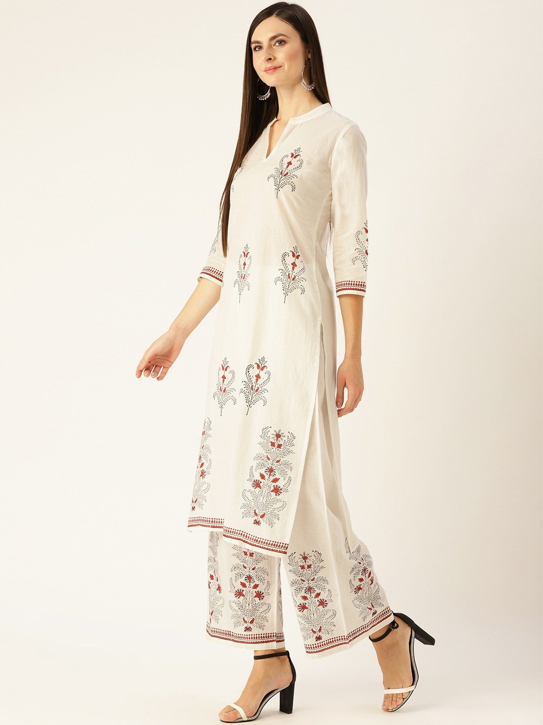Women's White Three-Quarter Sleeves Straight Kurta With Palazzo Set