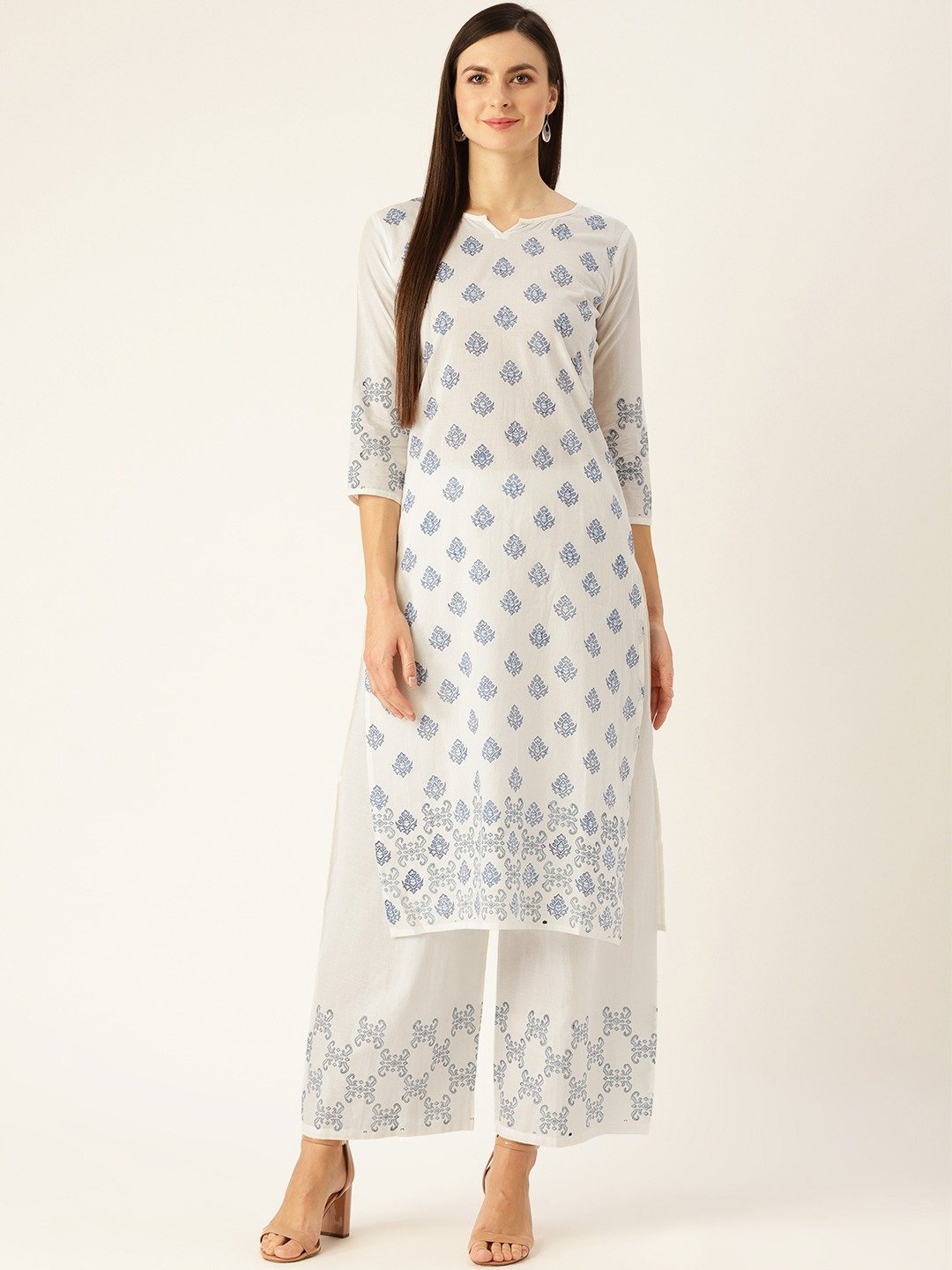 Women's White Three-Quarter Sleeves Straight Kurta With Palazzo Set