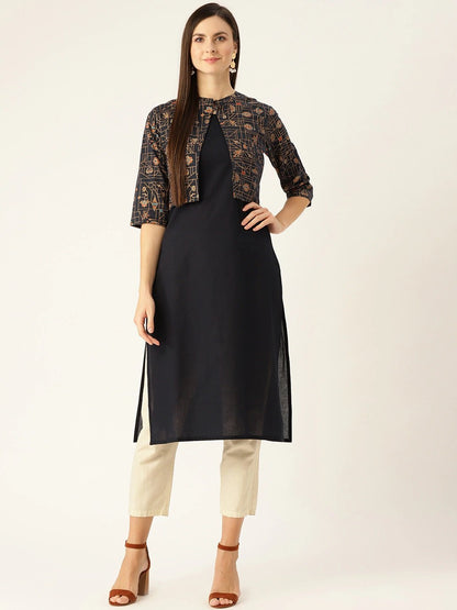 Women's Navy Calf Length Three-Quarter Sleeves Straight Solid Printed Cotton Kurta