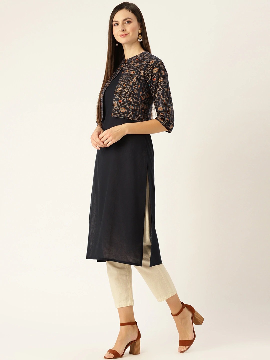 Women's Navy Calf Length Three-Quarter Sleeves Straight Solid Printed Cotton Kurta