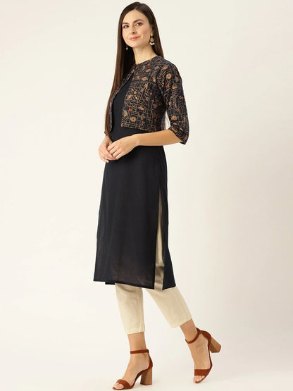 Women's Navy Calf Length Three-Quarter Sleeves Straight Solid Printed Cotton Kurta