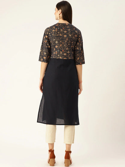 Women's Navy Calf Length Three-Quarter Sleeves Straight Solid Printed Cotton Kurta
