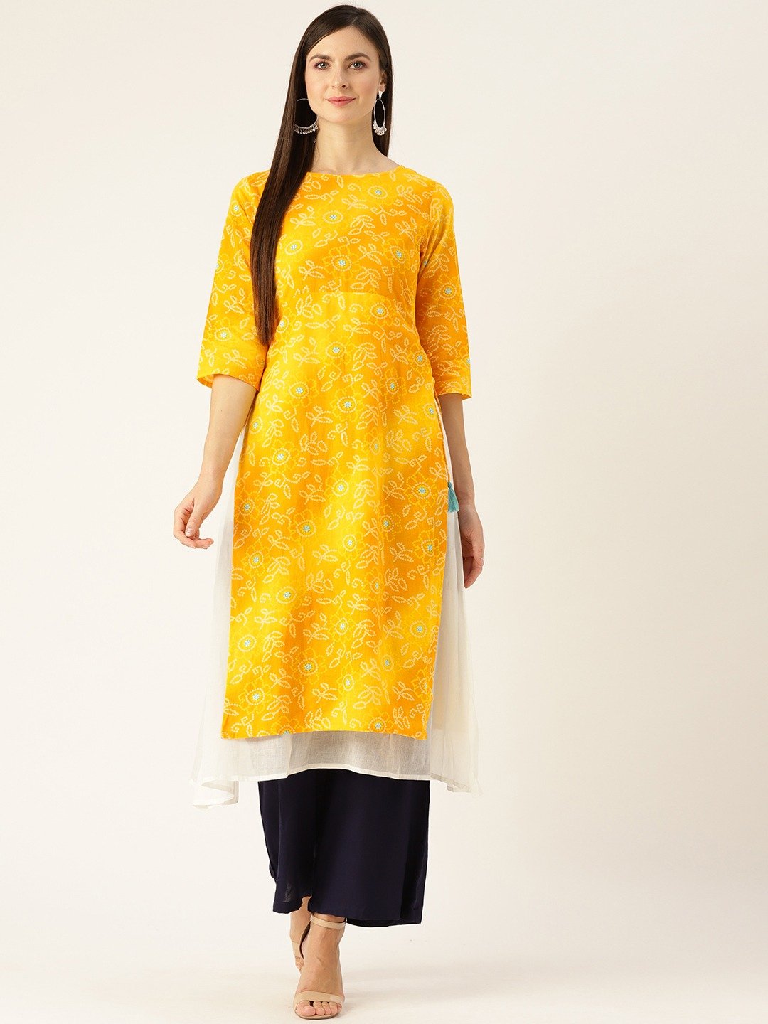 Women's Yellow Calf Length Three-Quarter Sleeves A-Line Bandhani Printed Cotton Kurta