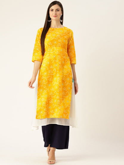 Women's Yellow Calf Length Three-Quarter Sleeves A-Line Bandhani Printed Cotton Kurta