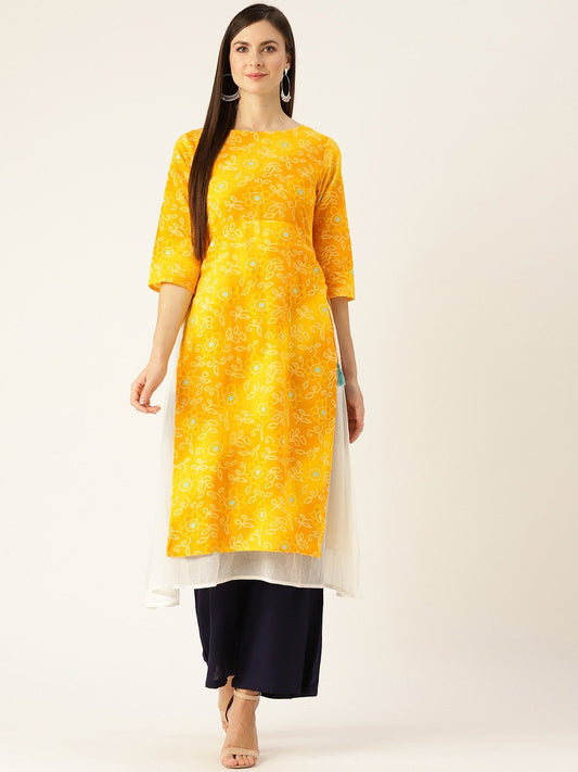Women's Yellow Calf Length Three-Quarter Sleeves A-Line Bandhani Printed Cotton Kurta