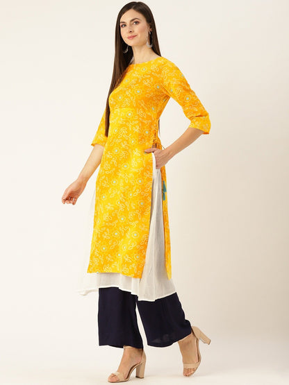 Women's Yellow Calf Length Three-Quarter Sleeves A-Line Bandhani Printed Cotton Kurta