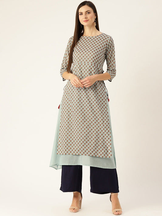 Women's Metallic Blue Calf Length Three-Quarter Sleeves A-Line Ethnic Motifs Printed Cotton Kurta