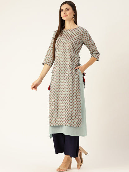 Women's Metallic Blue Calf Length Three-Quarter Sleeves A-Line Ethnic Motifs Printed Cotton Kurta