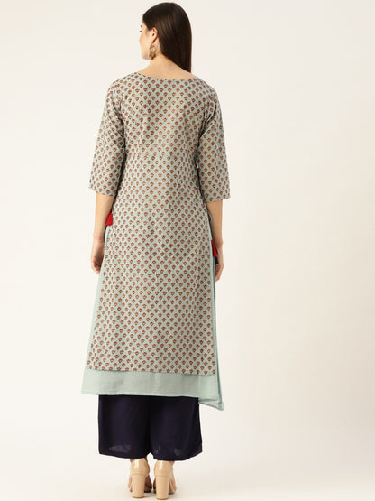 Women's Metallic Blue Calf Length Three-Quarter Sleeves A-Line Ethnic Motifs Printed Cotton Kurta