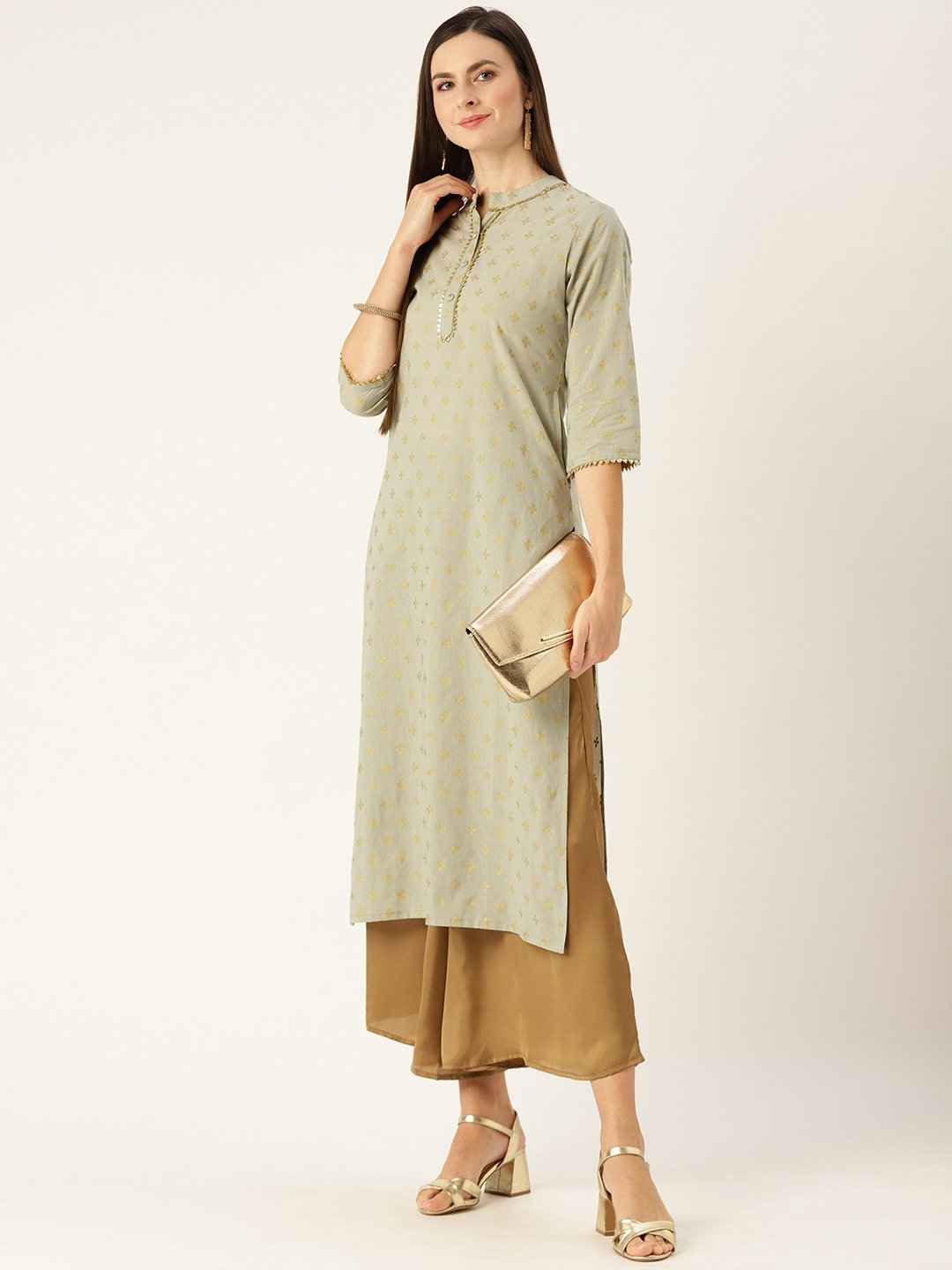 Women's Grey Calf Length Three-Quarter Sleeves A-Line Ethnic Motifs Printed Cotton Kurta
