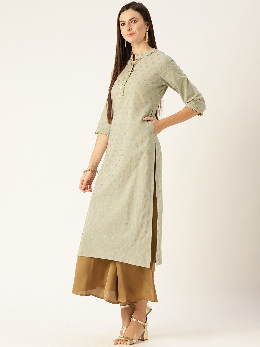 Women's Grey Calf Length Three-Quarter Sleeves A-Line Ethnic Motifs Printed Cotton Kurta