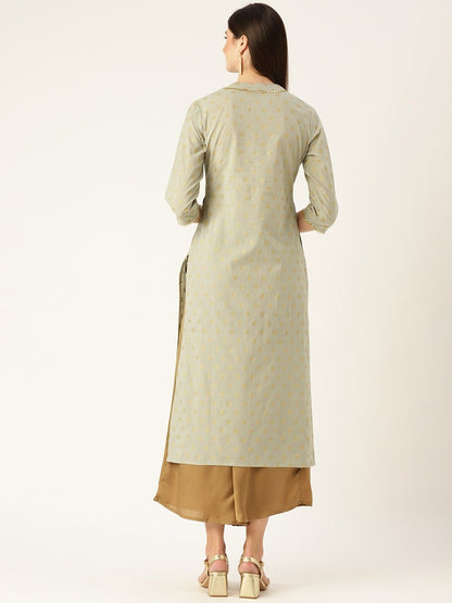 Women's Grey Calf Length Three-Quarter Sleeves A-Line Ethnic Motifs Printed Cotton Kurta