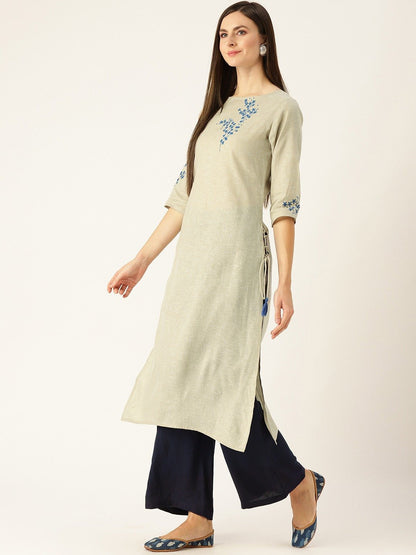 Women's Grey Calf Length Three-Quarter Sleeves Straight Woven Design Embroidered Cotton Kurta