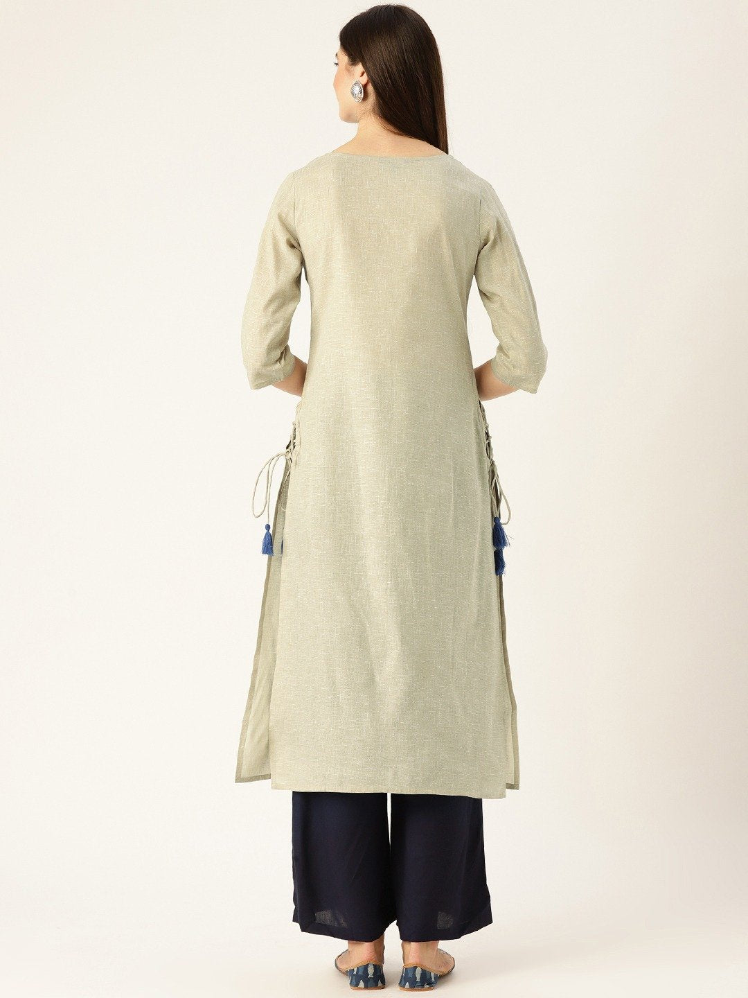 Women's Grey Calf Length Three-Quarter Sleeves Straight Woven Design Embroidered Cotton Kurta